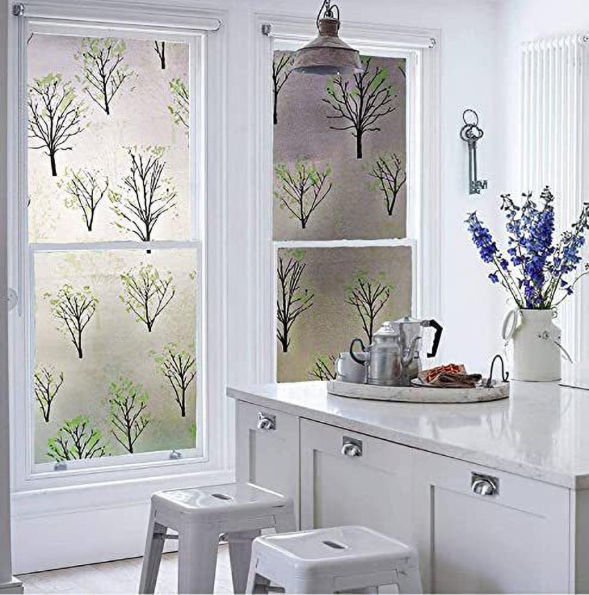 Branch with Leaves Window Film Stained Glass Film Grey Green Non Adhesive  Static Cling Glass Stickers Self Static Cling Vinyl Glass Film for Home