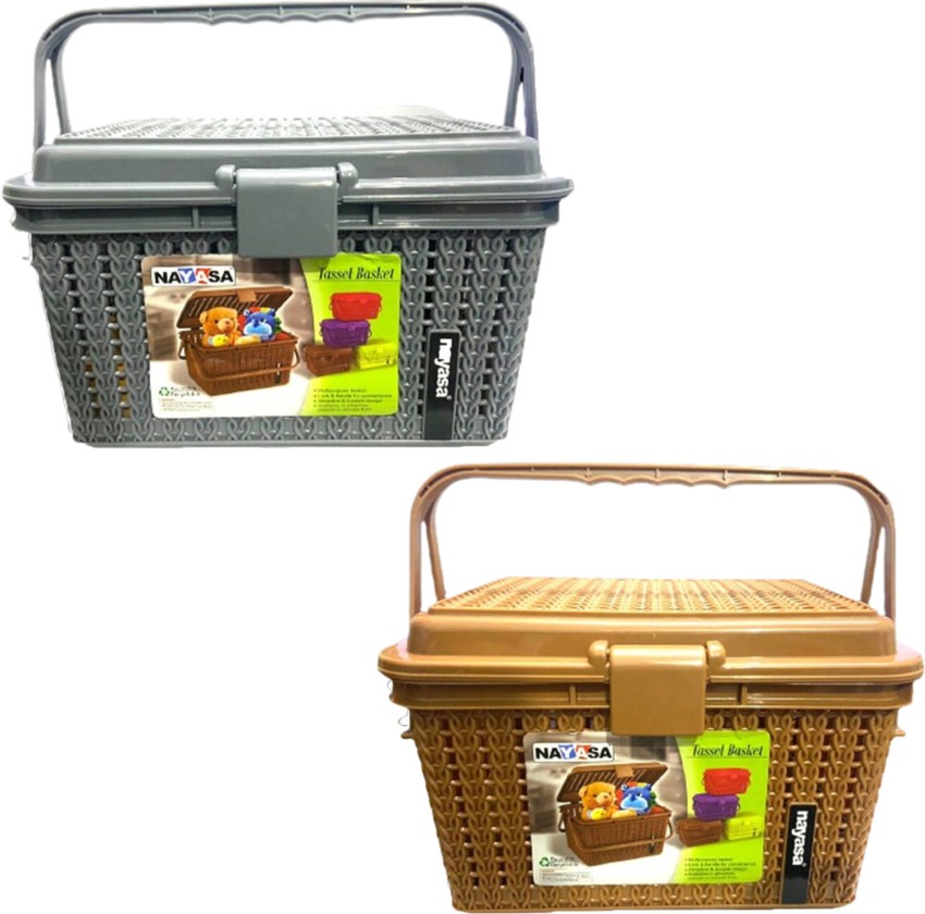 Mannat Plastic Plastic Storage Basket with Solid Handle for Puja