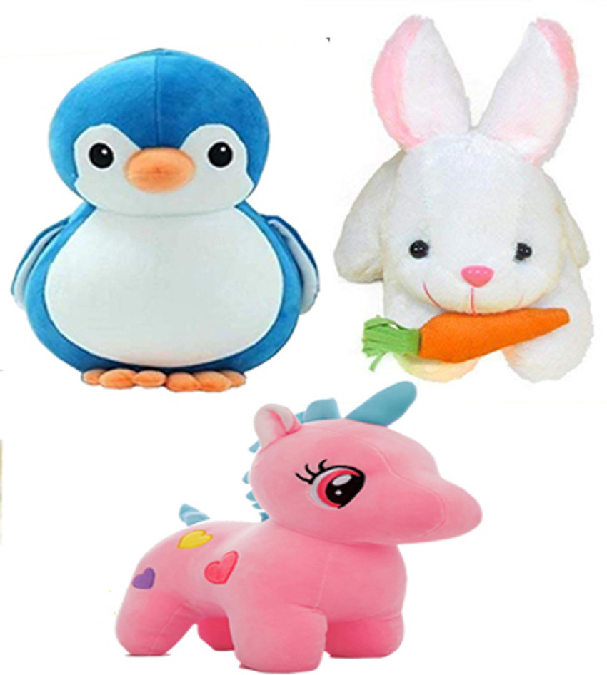 Gking Cute soft toy set of 3 Penguin Unicorn Rabbit toys for kids gifting 25 cm Cute soft toy set of 3 Penguin Unicorn Rabbit toys for kids gifting