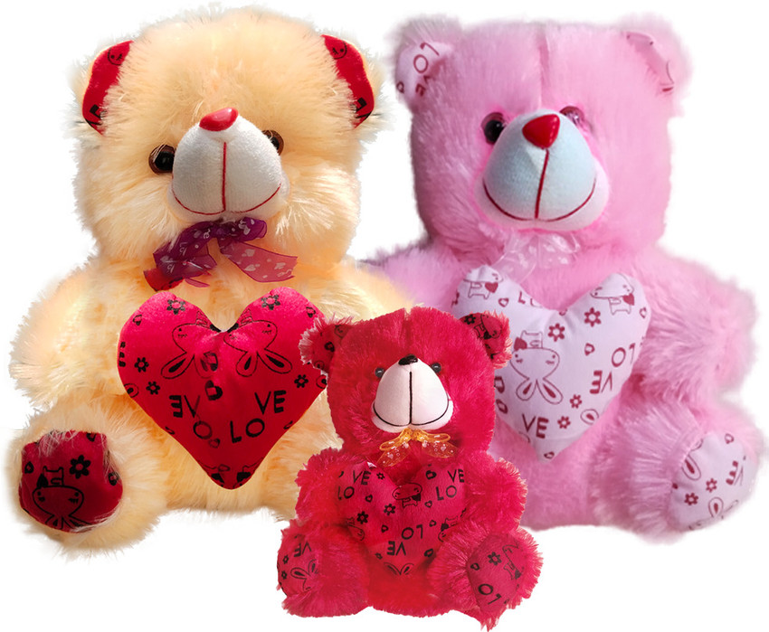 Topgrow Cream and Pink Teddy Bear with Heart 13Inch Red mini 6inch Set of 3 13 inch Cream and Pink Teddy Bear with Heart 13Inch Red mini 6inch Set of