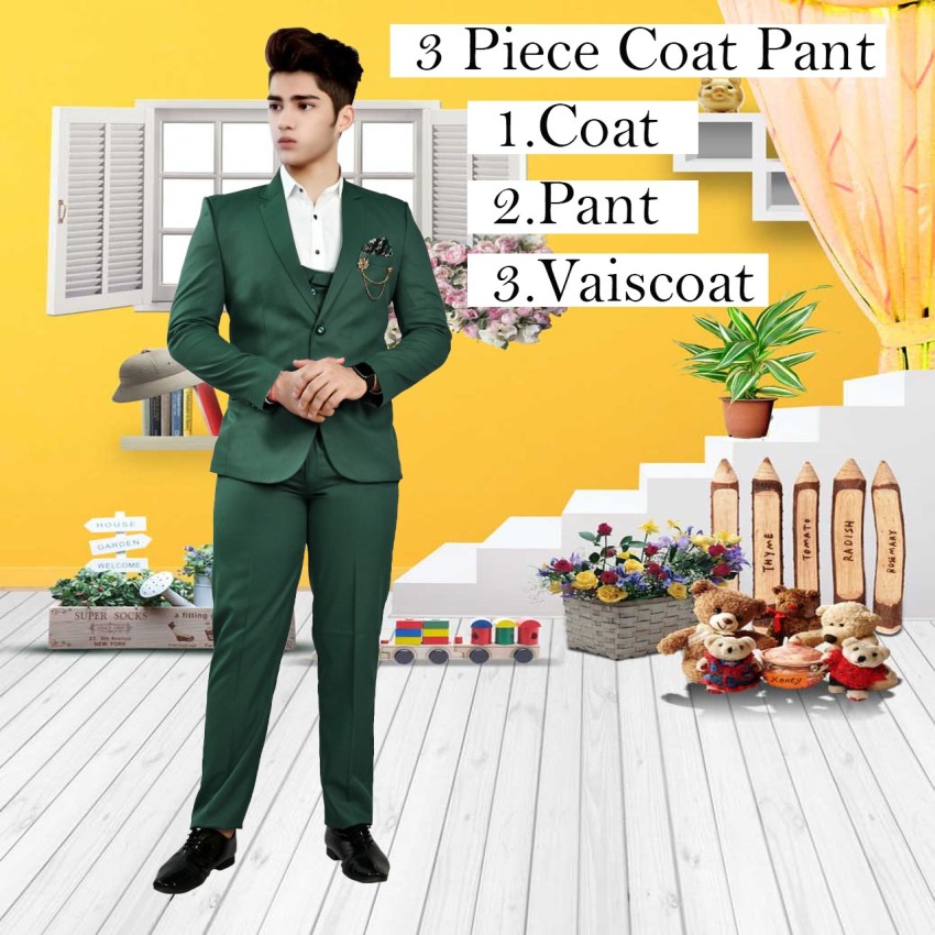 3Piece Suit Green Mens Trendy Coat Pant Packaging Size 100