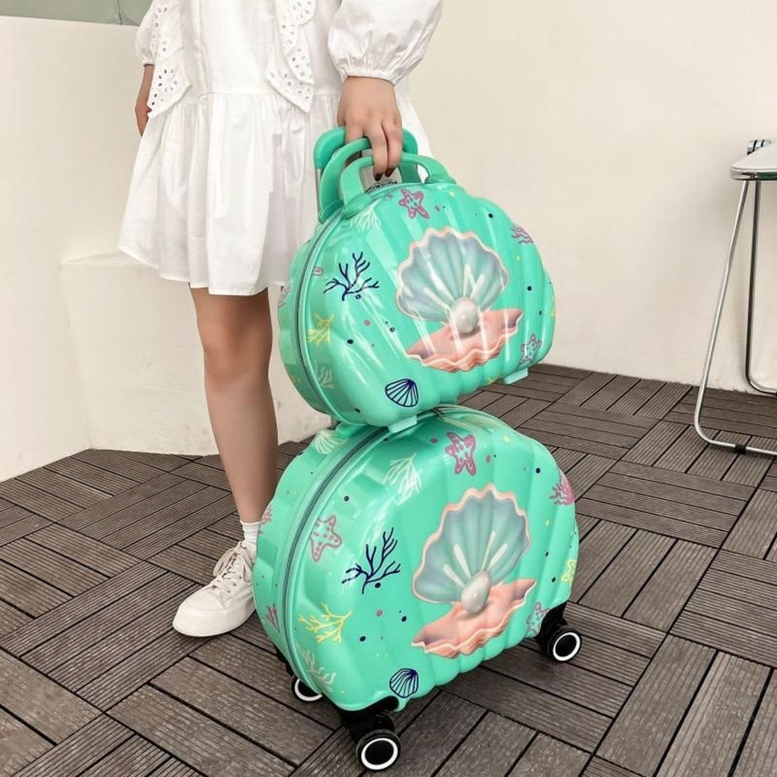 kidsmuch Cute Sea Shell design Trolley Bag Suitcase for Girls Teens with Vanity Bag Cabin Suitcase 4 Wheels 16 inch GREEN Price in India Flipkart