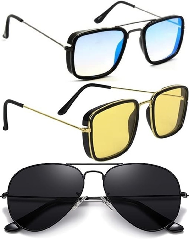 Buy Whay Round Aviator Sunglasses Blue Black Yellow For Men