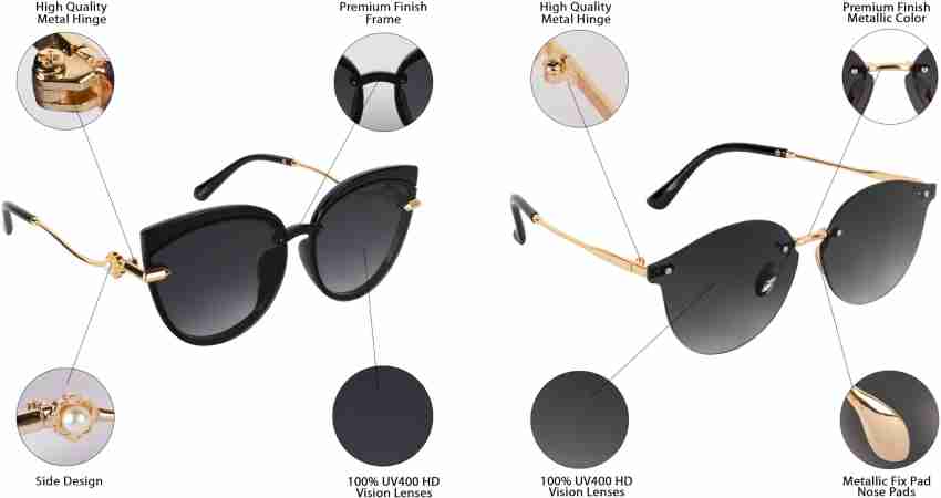 AISLIN UV Protected Cat eye/Oval Sunglasses for Women Stylish - (Black Lens | Black-Gold Frame | Large Size)