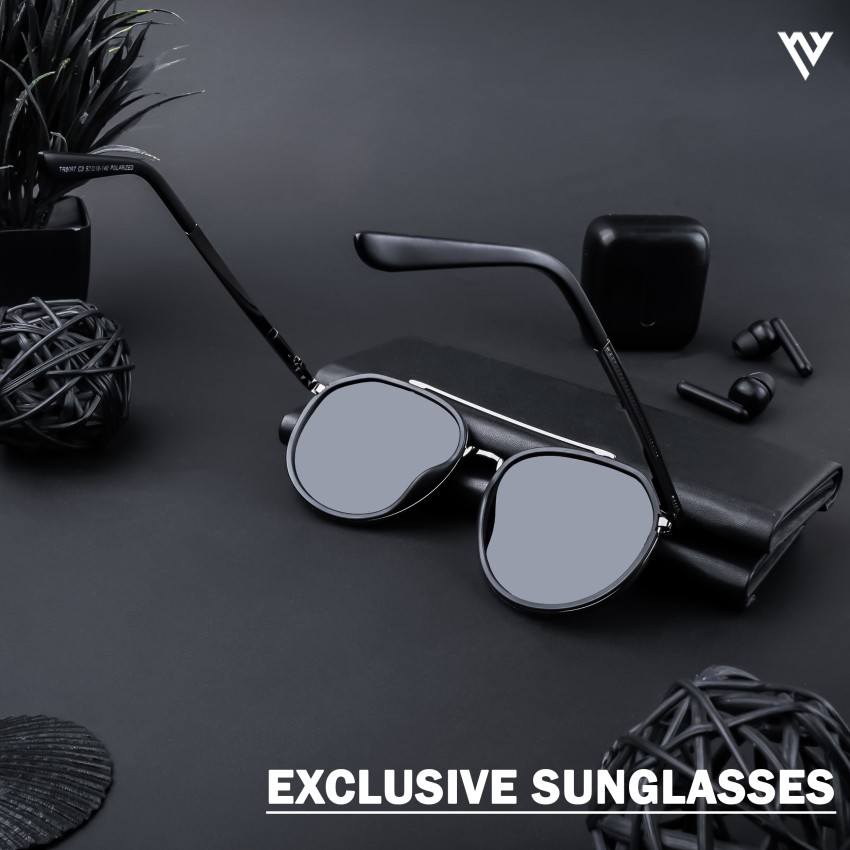 Voyage Exclusive Black and Silver Polarized Round Sunglasses for Men 
