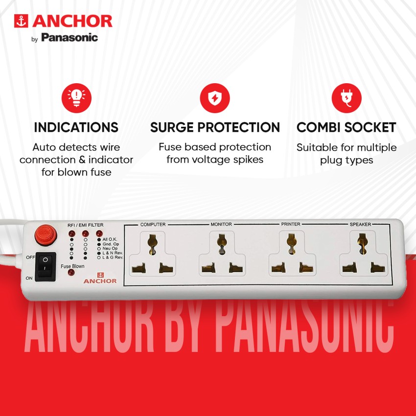 ANCHOR 4 way 6A with Socket Single Switch, 4Mtr Cord for Home (22048) 4  Socket Extension Boards Price in India - Buy ANCHOR 4 way 6A with Socket  Single Switch