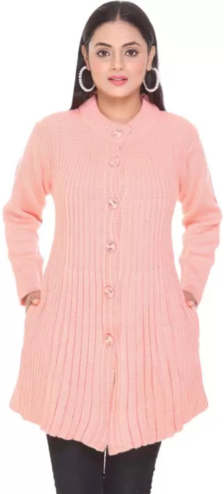 Shri Hub Self Design V Neck Casual Women Pink Sweater