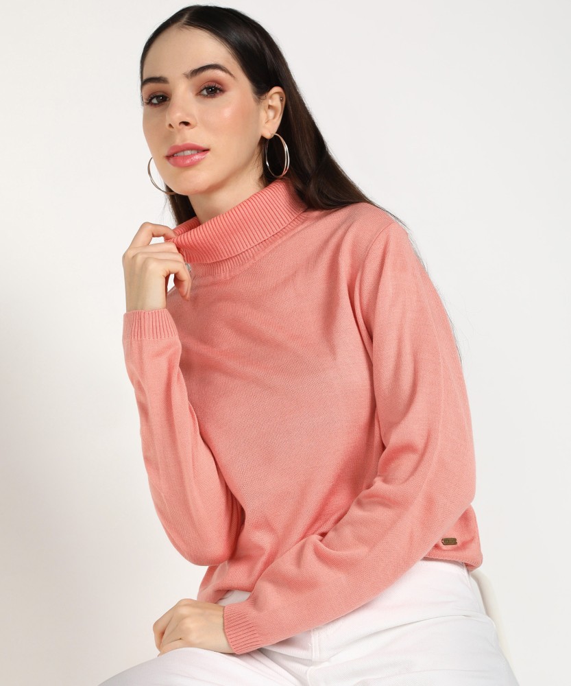 PROVOGUE Solid Turtle Neck Casual Women Pink Sweater - Buy