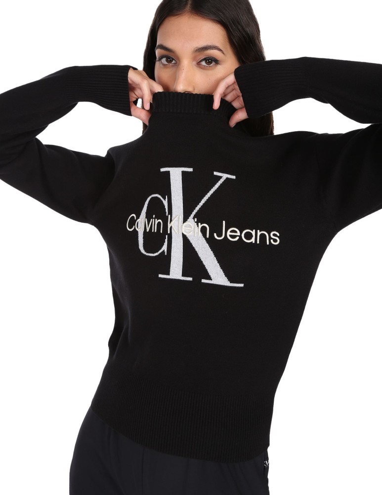 Calvin Klein Embroidered Round Neck Casual Women Black Sweater - Buy Calvin  Klein Embroidered Round Neck Casual Women Black Sweater Online at Best  Prices in India