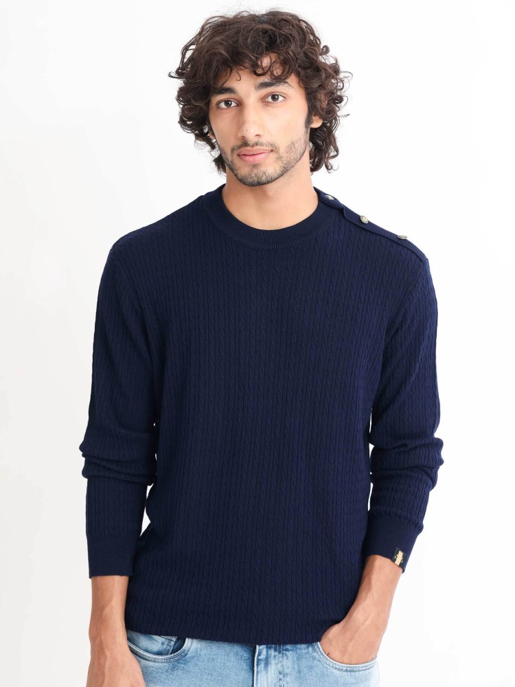RARE RABBIT MENS CONG NAVY SWEATER COTTON FABRIC HIGH NECK KNITTED FUL