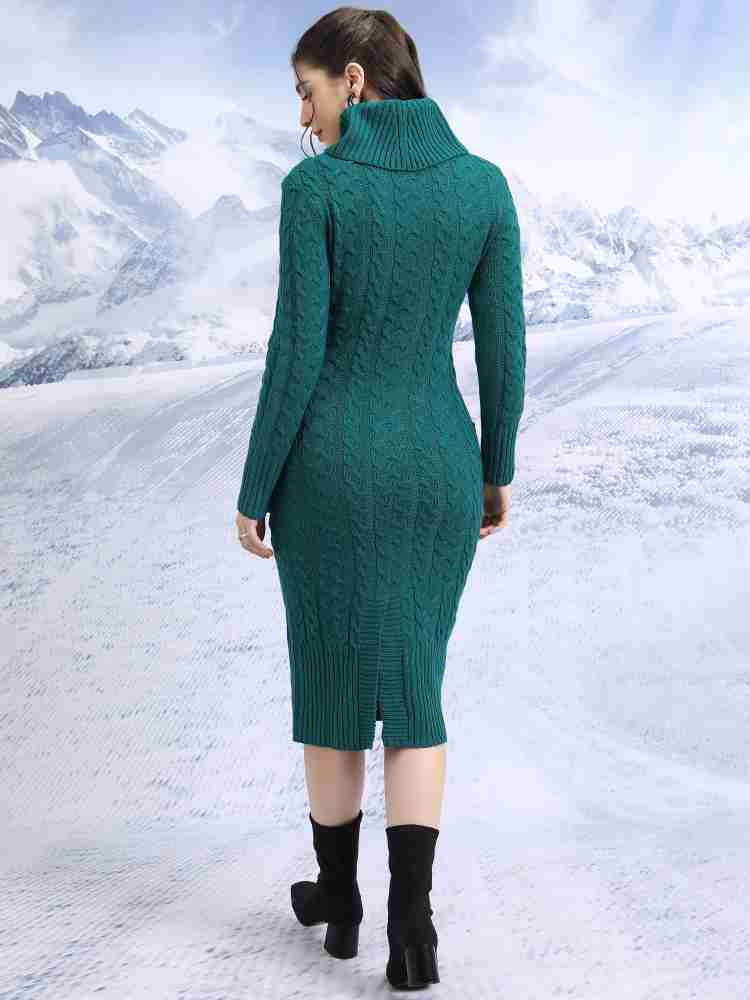 Berrylush Women Green Cable Knit Turtleneck Sweater
