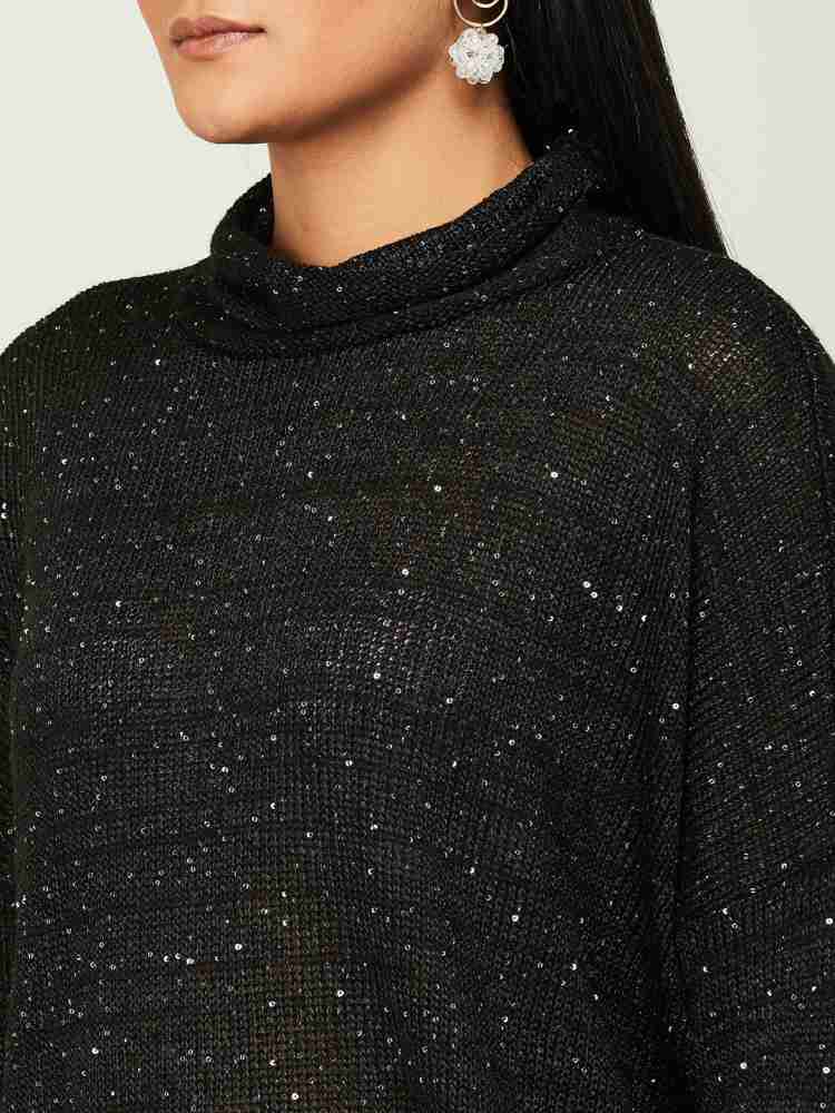 Women's Black Embellished Crew-neck Sweater, Black and White Plaid