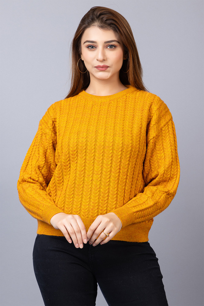 Wearlusso Self Design Round Neck Casual Women Yellow Sweater Buy