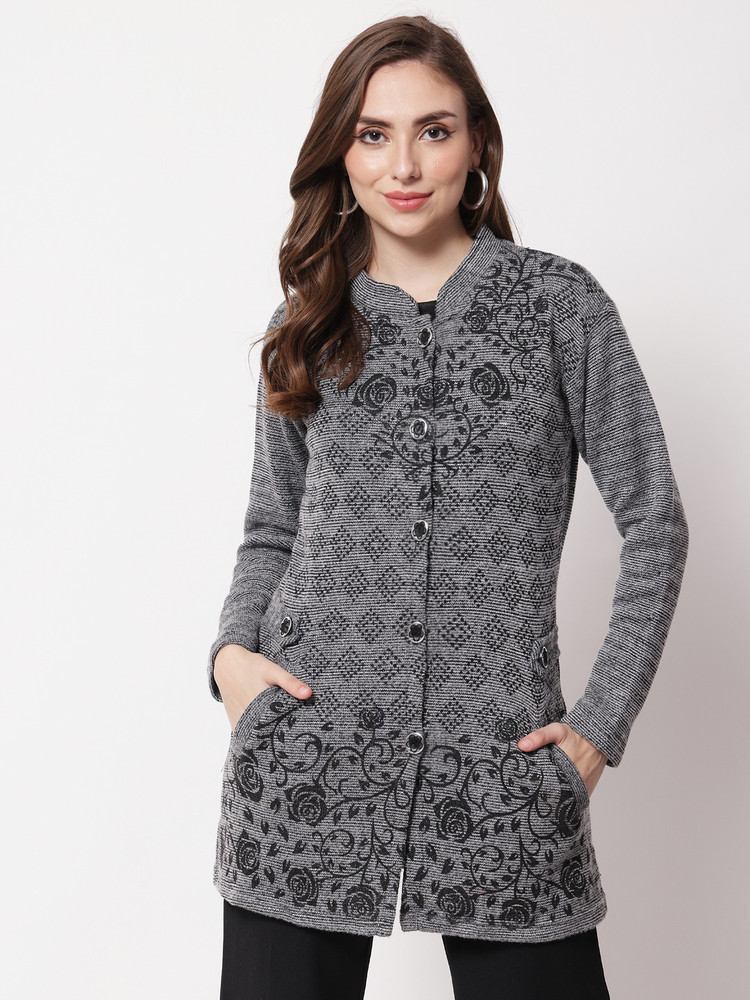 Christy World Self Design Collared Neck Casual Women Grey Sweater