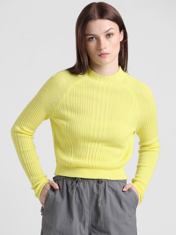 Berrylush Women Yellow Ribbed Knit Solid Crop Sweater