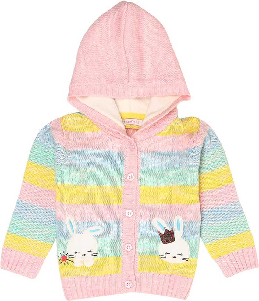 WINGSFIELD Colorblock Hooded Neck Casual Baby Girls Pink Sweater