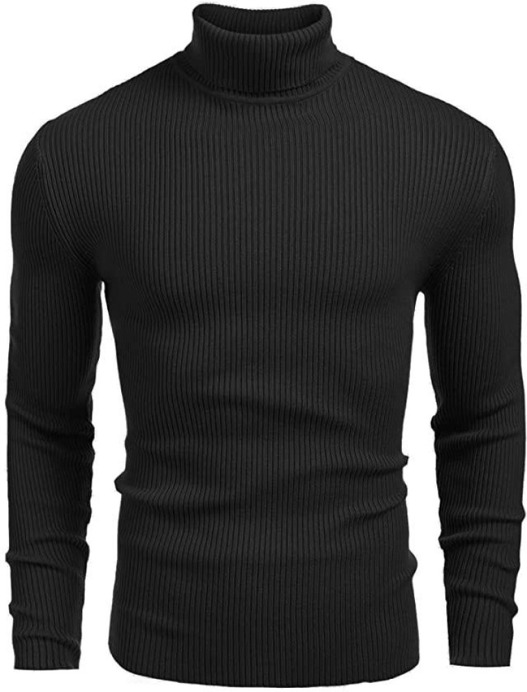 FASHLOOK Self Design High Neck Casual Men Black Sweater