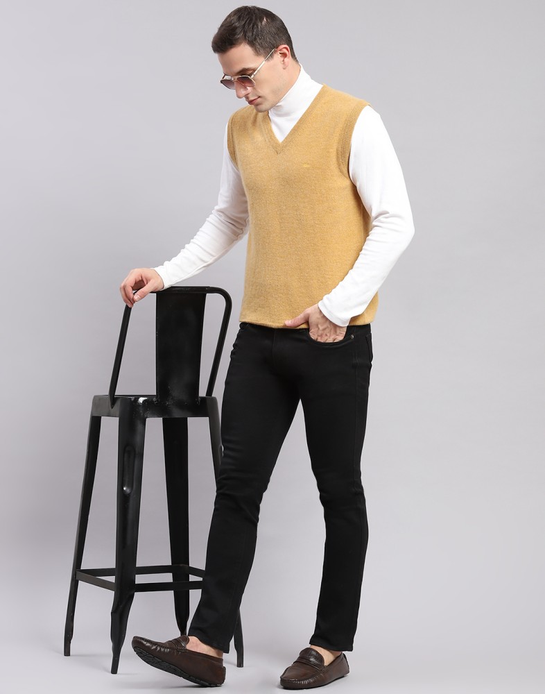 Buy Men Beige Solid V Neck Sleeveless Sweater Online in India - Monte Carlo
