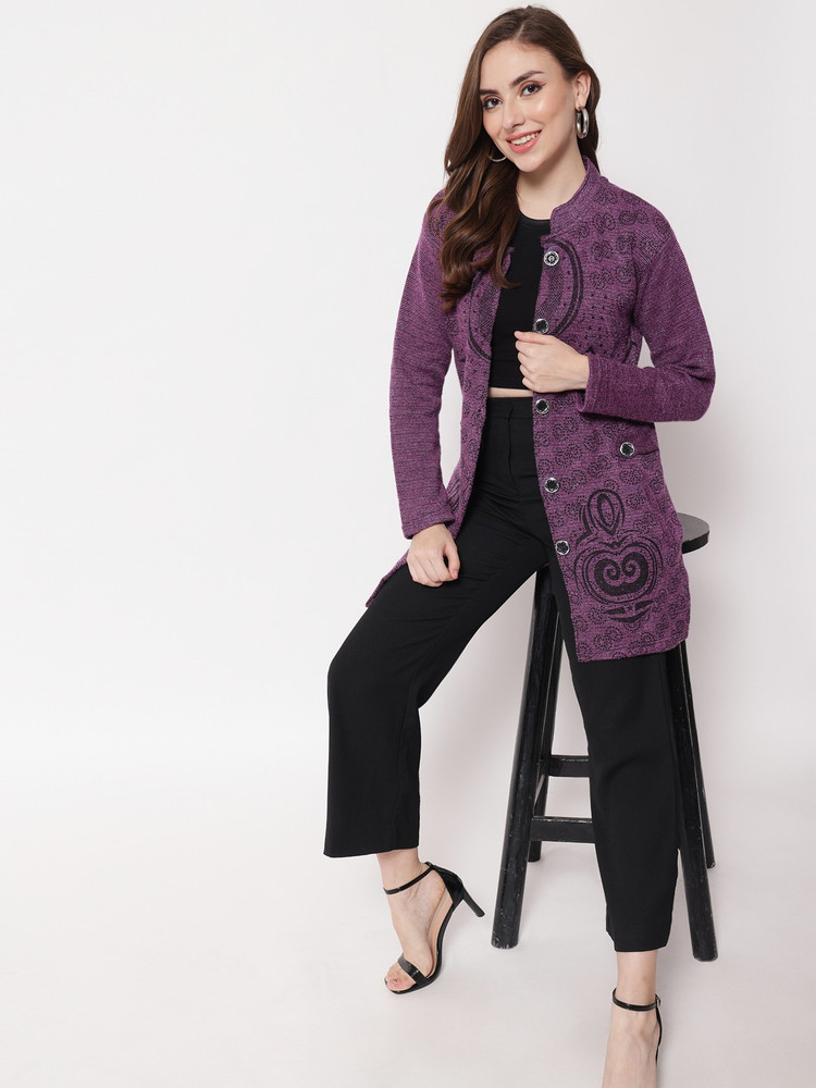 Christy World Printed Collared Neck Casual Women Purple Sweater