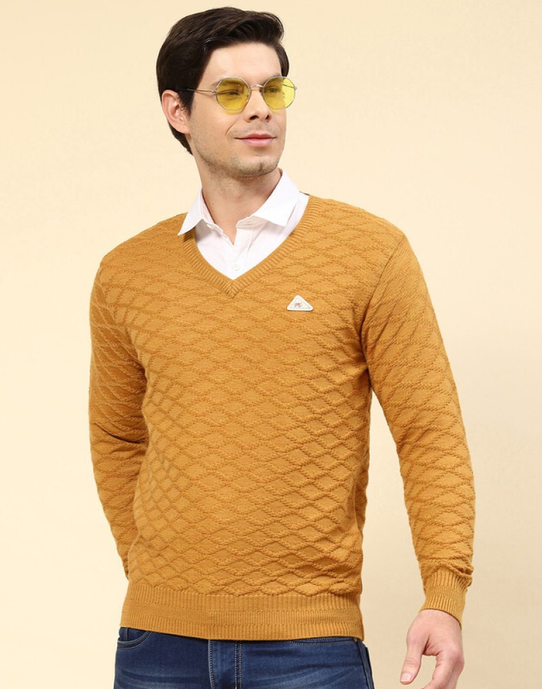 Buy Men Yellow Self Design Wool blend Pullover Online in India