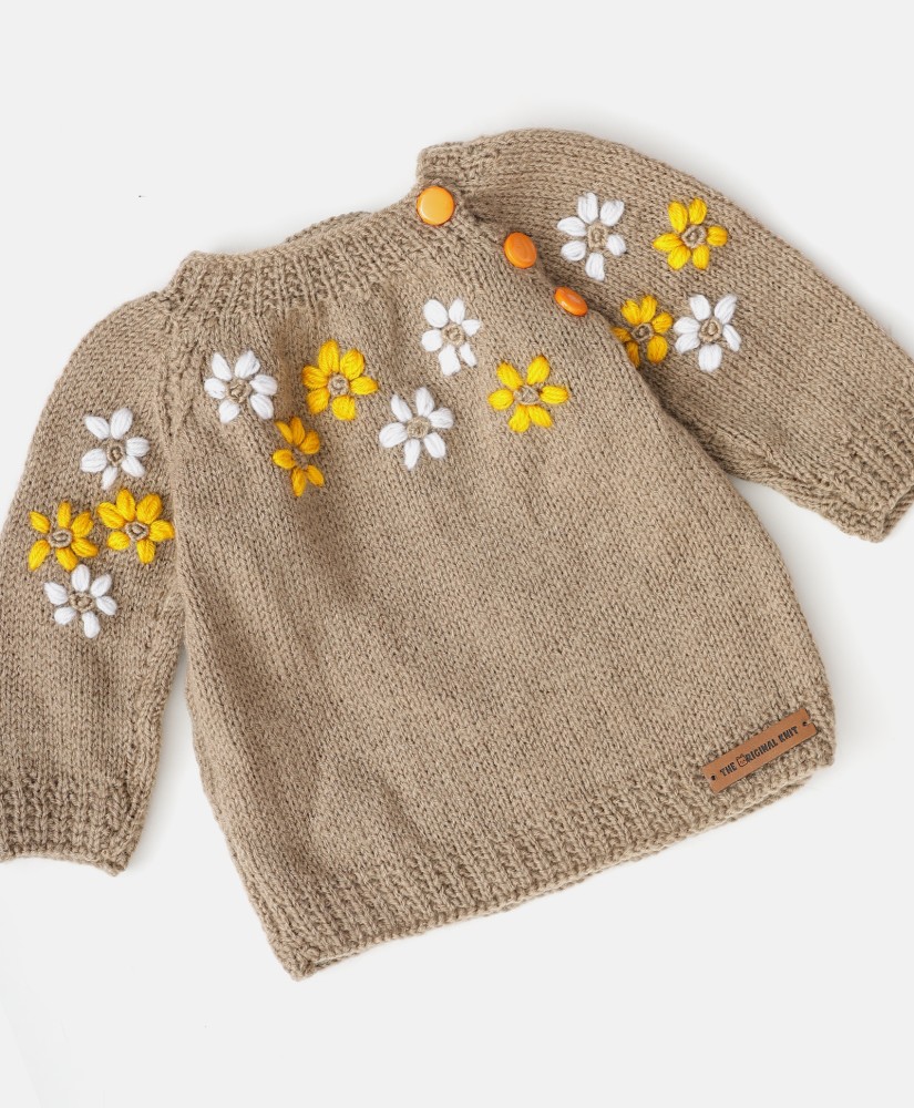 The Original Knit Self Design Round Neck Casual Baby Girls Beige