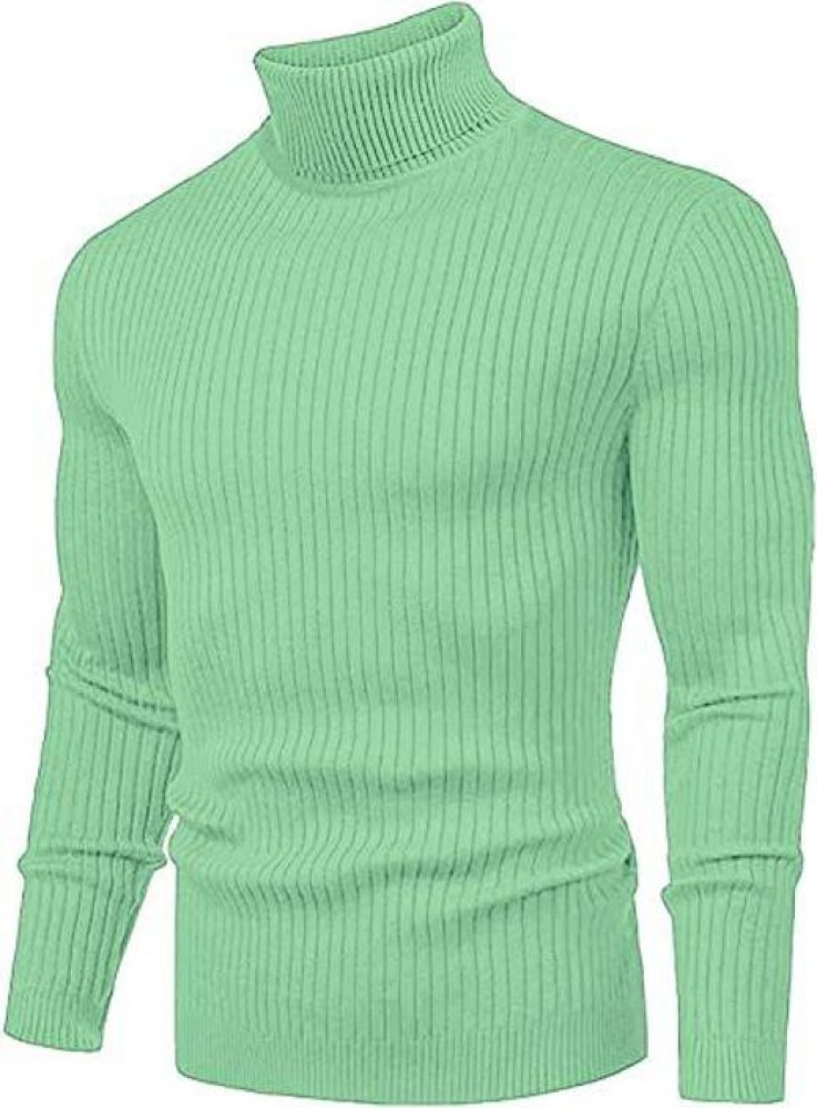 Clothify Self Design High Neck Casual Men Light Green Sweater