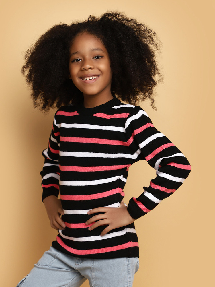 V MART Striped Round Neck Casual Girls Black Black Sweater Buy