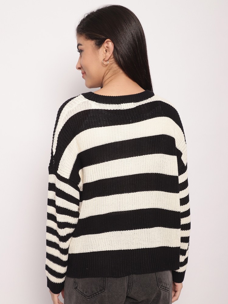 BOUTIKOME Women's Striped Sweater Black and White Striped Sweater Side Slit  Knit Long Sleeve Crewneck Pullover Loose Top