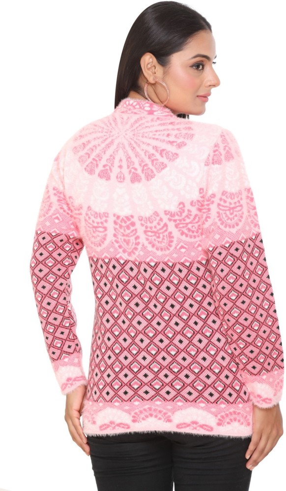 WOOL 4U Self Design Collared Neck Casual Women Pink Sweater