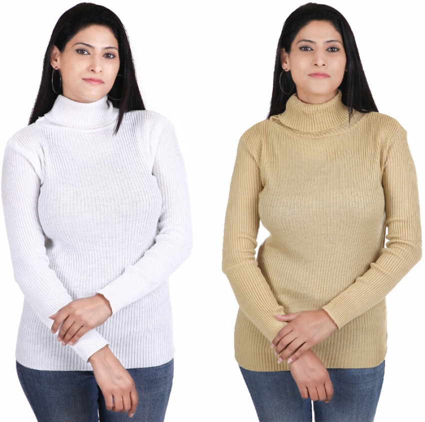 100LUCK Solid High Neck Casual Women Beige, White Sweater - Buy