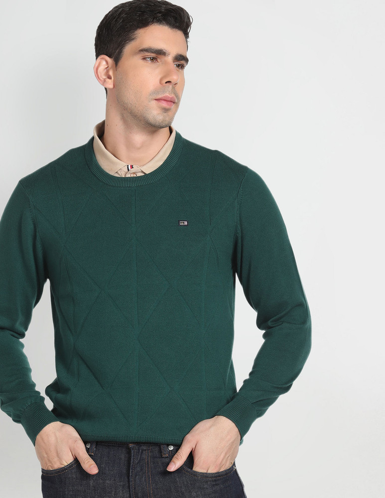 Arrow Sport Self Design Crew Neck Casual Men Green Sweater Buy