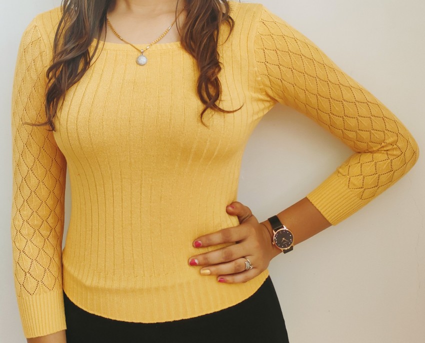 Buy Golden Self Design V Neck Sweater Online in India - Monte Carlo