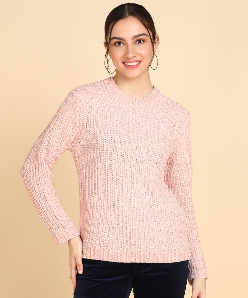 Overlock Self Design Round Neck Casual Women Pink Sweater Buy