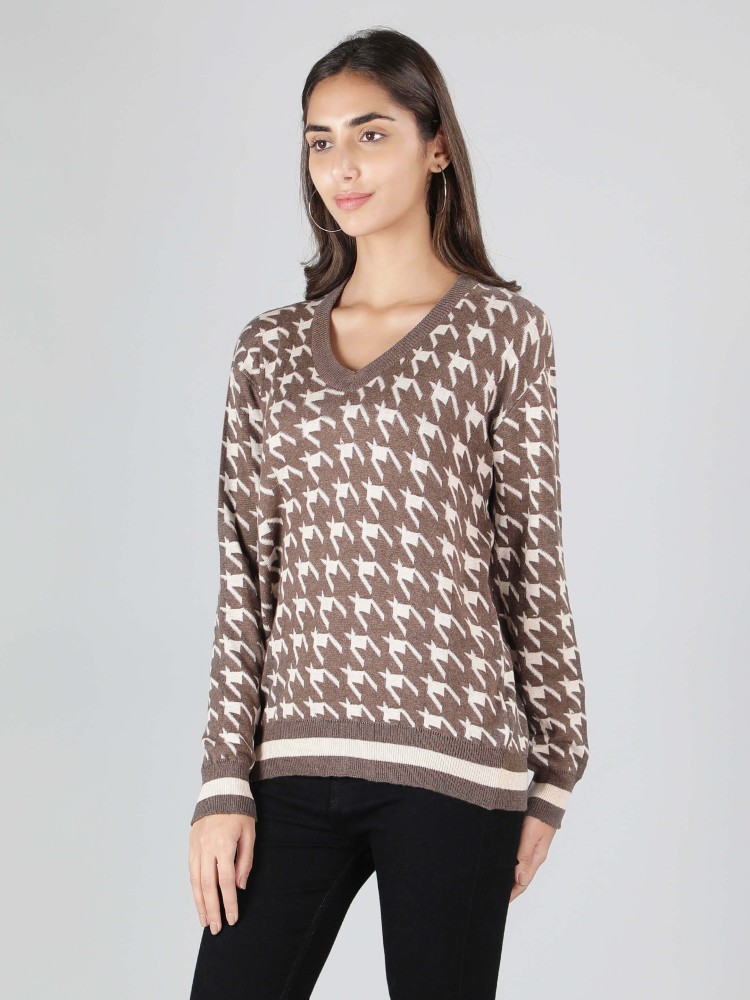 RGS CASHMERE Printed V Neck Casual Women Brown Sweater - Buy RGS