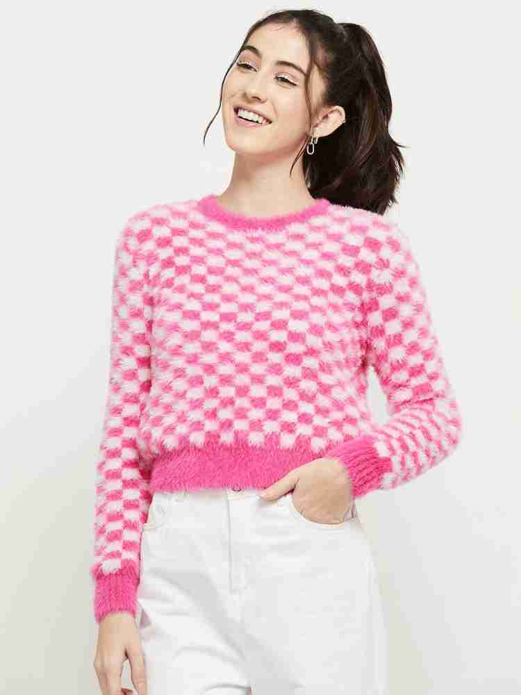 MAX Checkered Round Neck Casual Women Pink White Sweater Buy