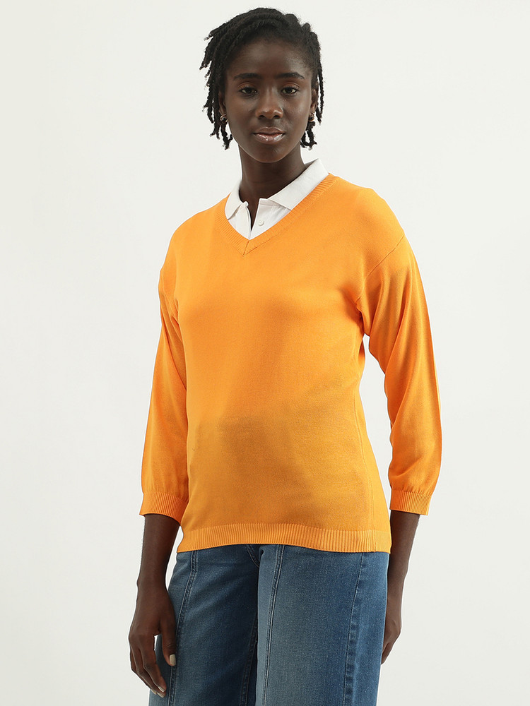 Orange v sale neck sweater women's