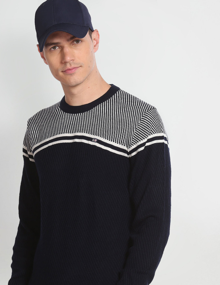 Arrow Sport Woven Round Neck Casual Men Blue White Sweater Buy