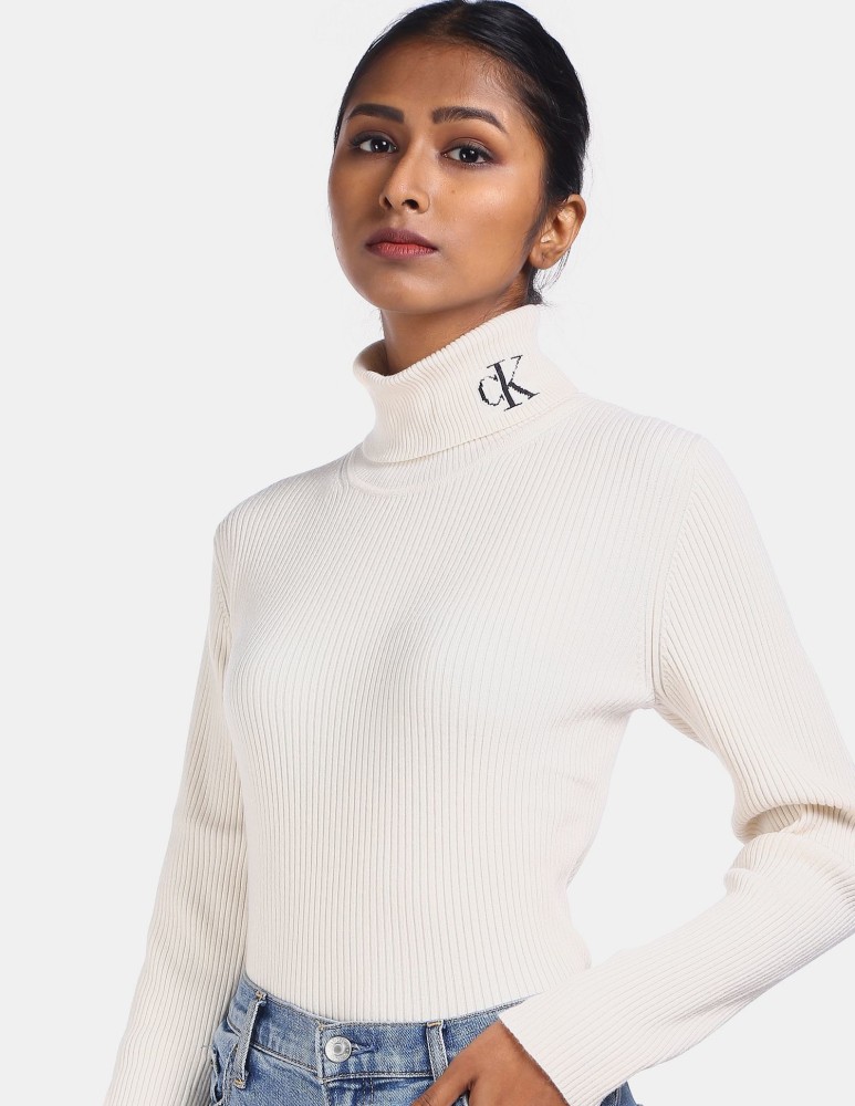 Calvin Klein Jeans Solid High Neck Casual Women White Sweater - Buy Calvin  Klein Jeans Solid High Neck Casual Women White Sweater Online at Best  Prices in India