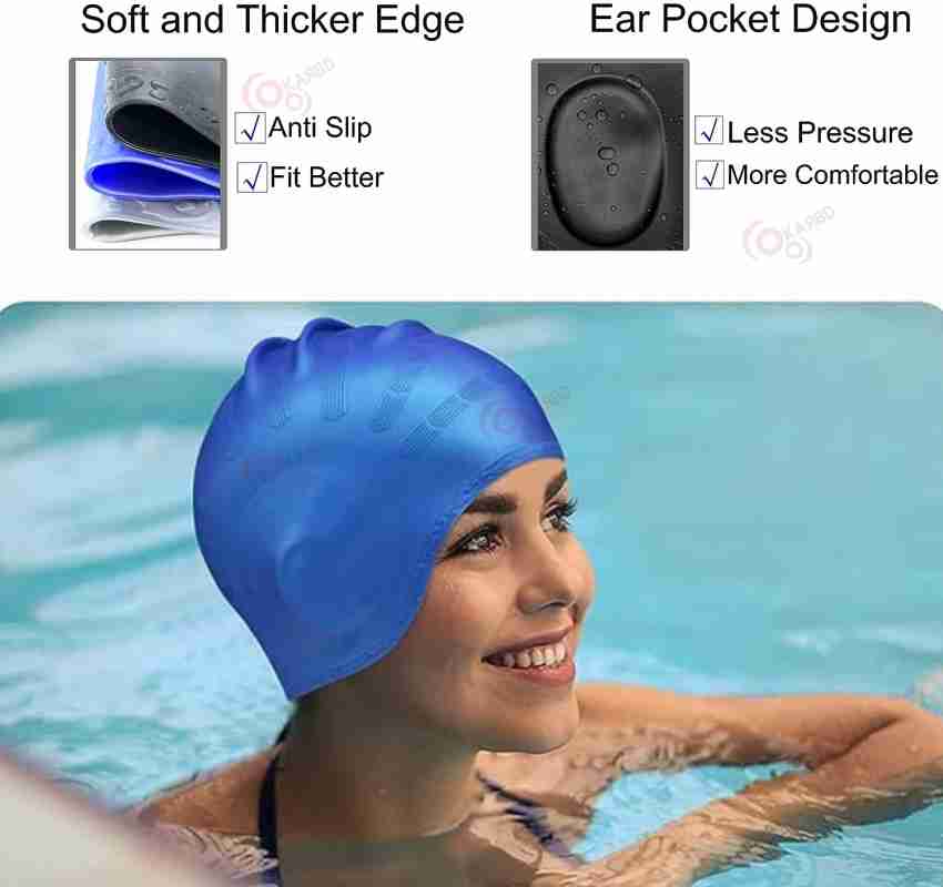 KARBD Light BLue Silicone Swimming Cap with Ear & Hair Protection