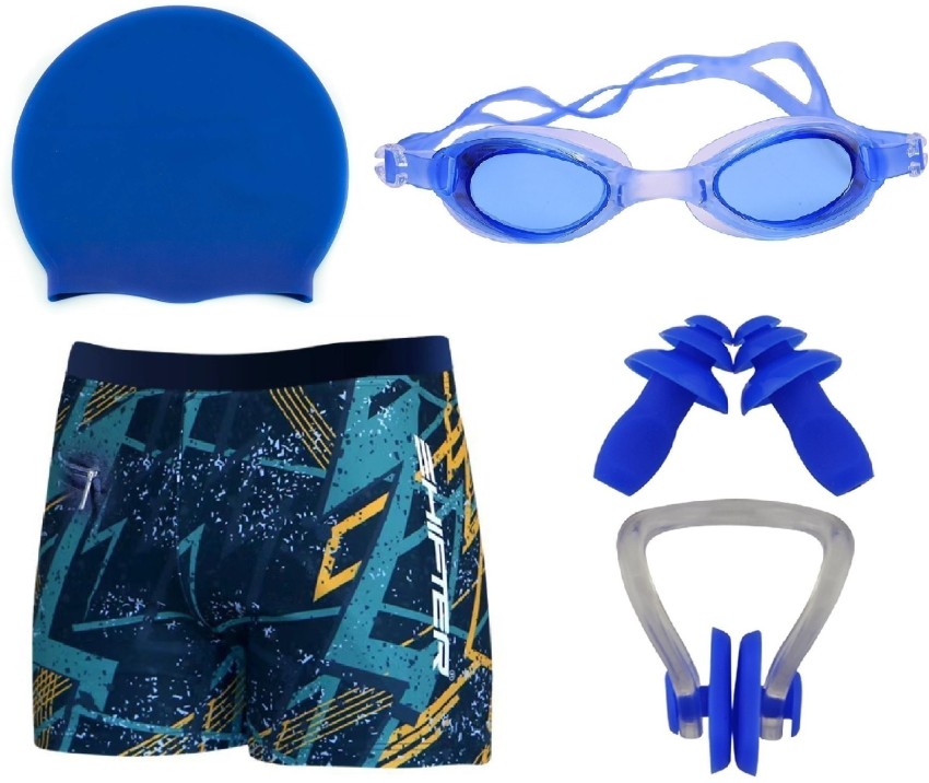 Lebami Men Swimming Costume Shorts Trunk 1 Goggles 1 Cap 2 Earplug 1 Nose Clip Printed Men Swimsuit