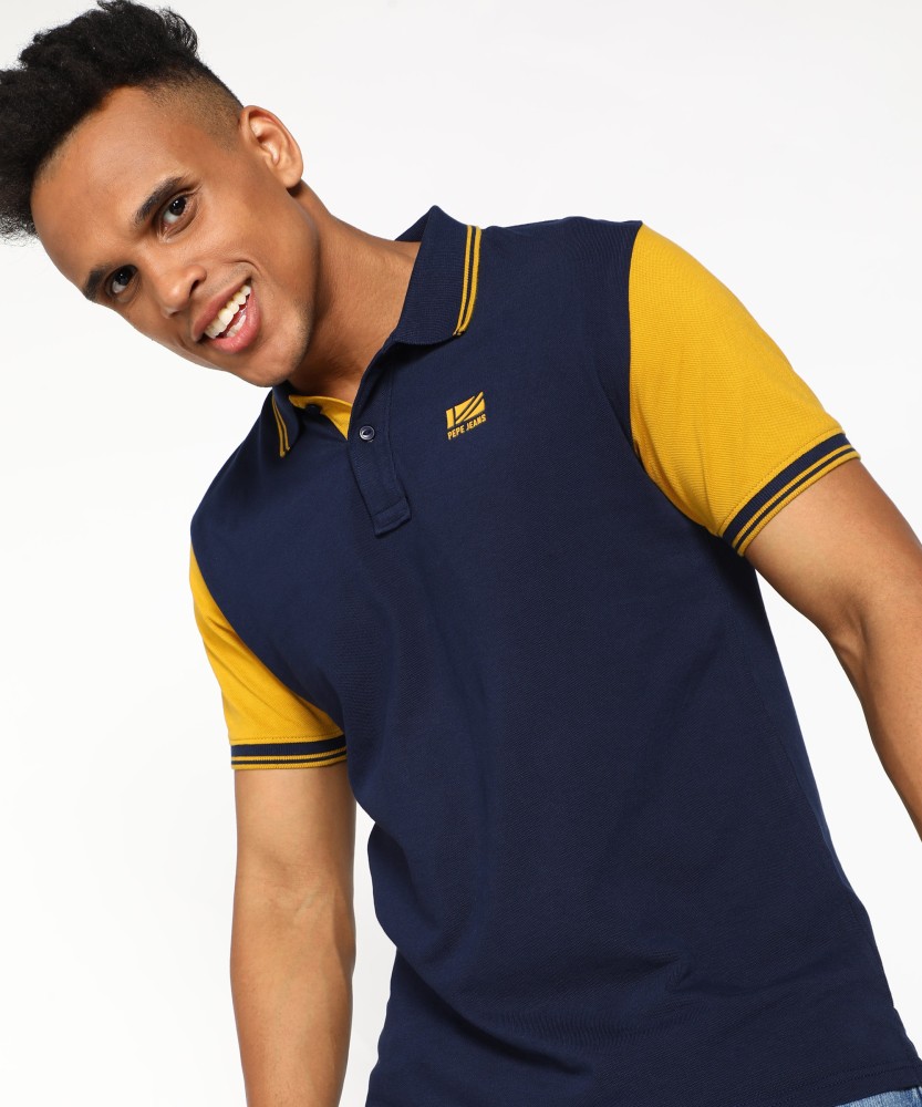 Solid Navy T-Shirt in Blue Solid Best Polo Polo Men Online T-Shirt Pepe Men Neck at Jeans Navy Buy Pepe Prices Jeans Blue India - Neck
