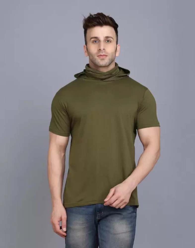 Olive Green High Neck Solid T-Shirt