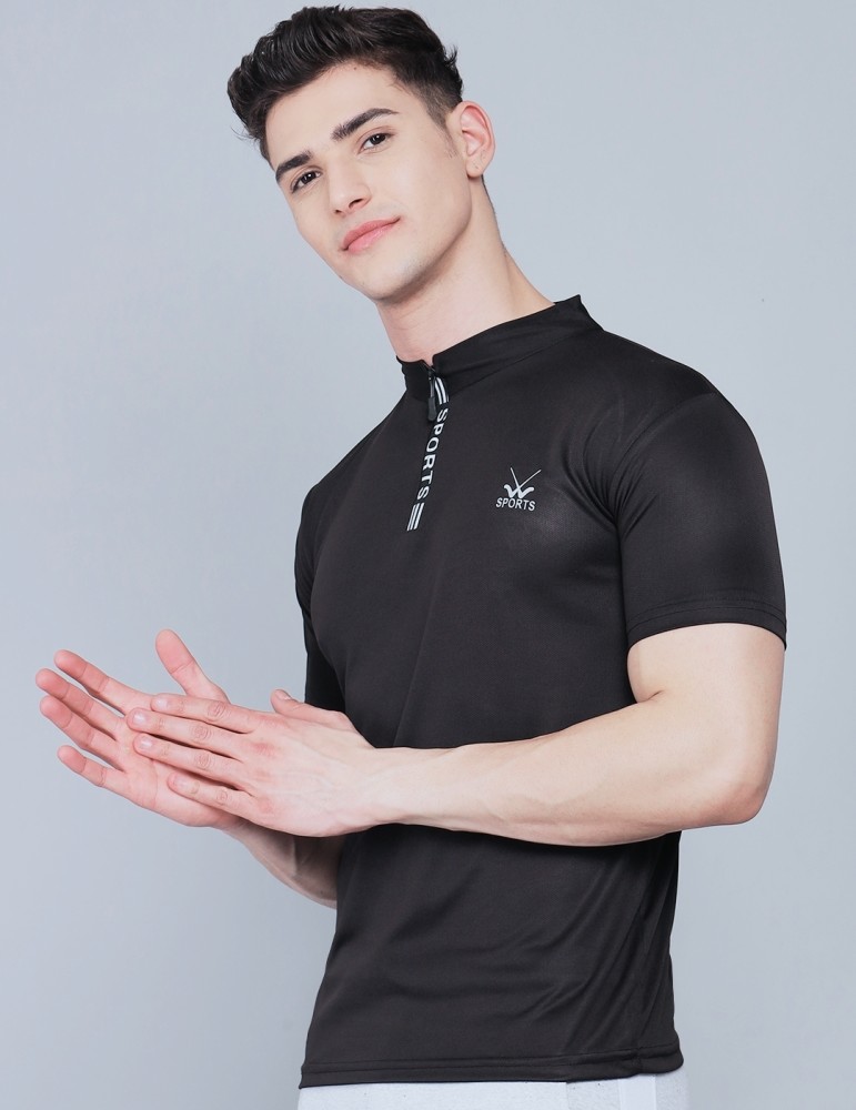 W Sports Solid Men High Neck Black T-Shirt - Buy W Sports Solid Men High  Neck Black T-Shirt Online at Best Prices in India