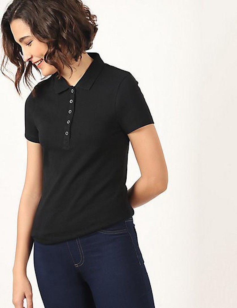 MARKS SPENCER Solid Women Polo Neck Black T Shirt