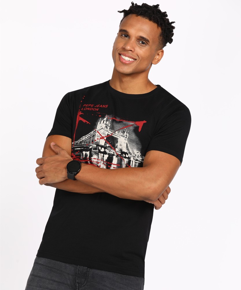 Pepe Jeans Printed Men Prices Neck Pepe Neck Jeans Online Best Buy India T-Shirt at Crew Men Crew - in Black Black Printed T-Shirt