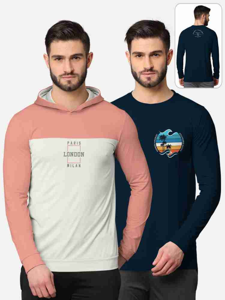BULLMER T-Shirts : Buy BULLMER Colorblock Full Sleeve Hooded T-shirt For  Men Black And Grey Online