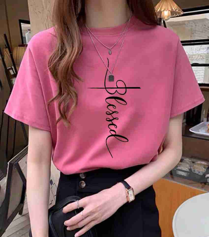 FAIRIANO Printed Women Round Neck Pink T-Shirt - Buy FAIRIANO