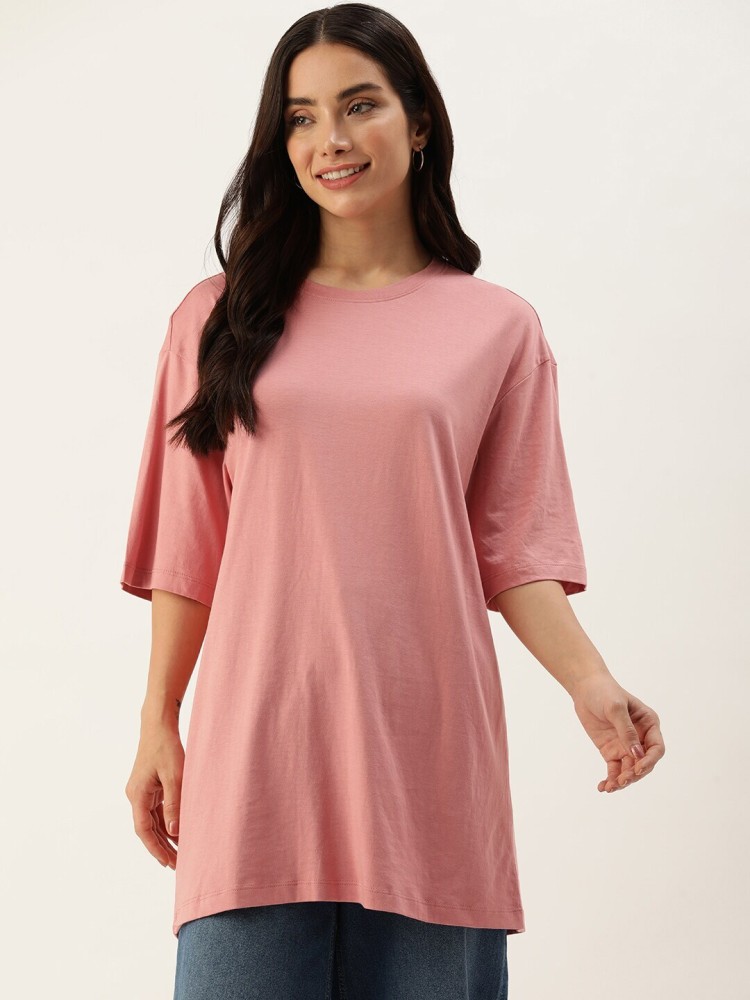 HERE&NOW - By Myntra Casual T-Shirts For Women Pink Drop-Shoulder Sleeves  Solid Cotton Round Neck Ready to Wear T-shirt Clothing Top