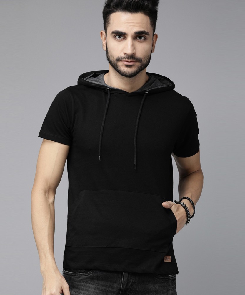 Roadster Solid Men Hooded Neck Black T Shirt