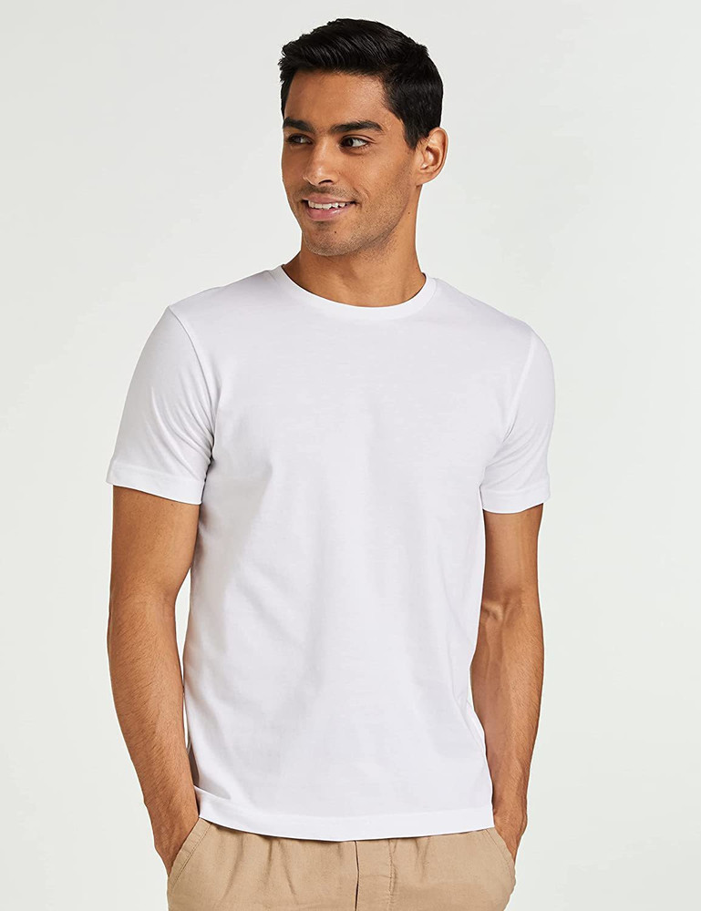 solid men round neck white t shirt